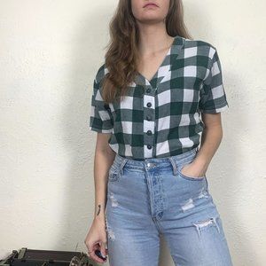Center Aisle vintage 80s green white gingham plaid short sleeve button down top